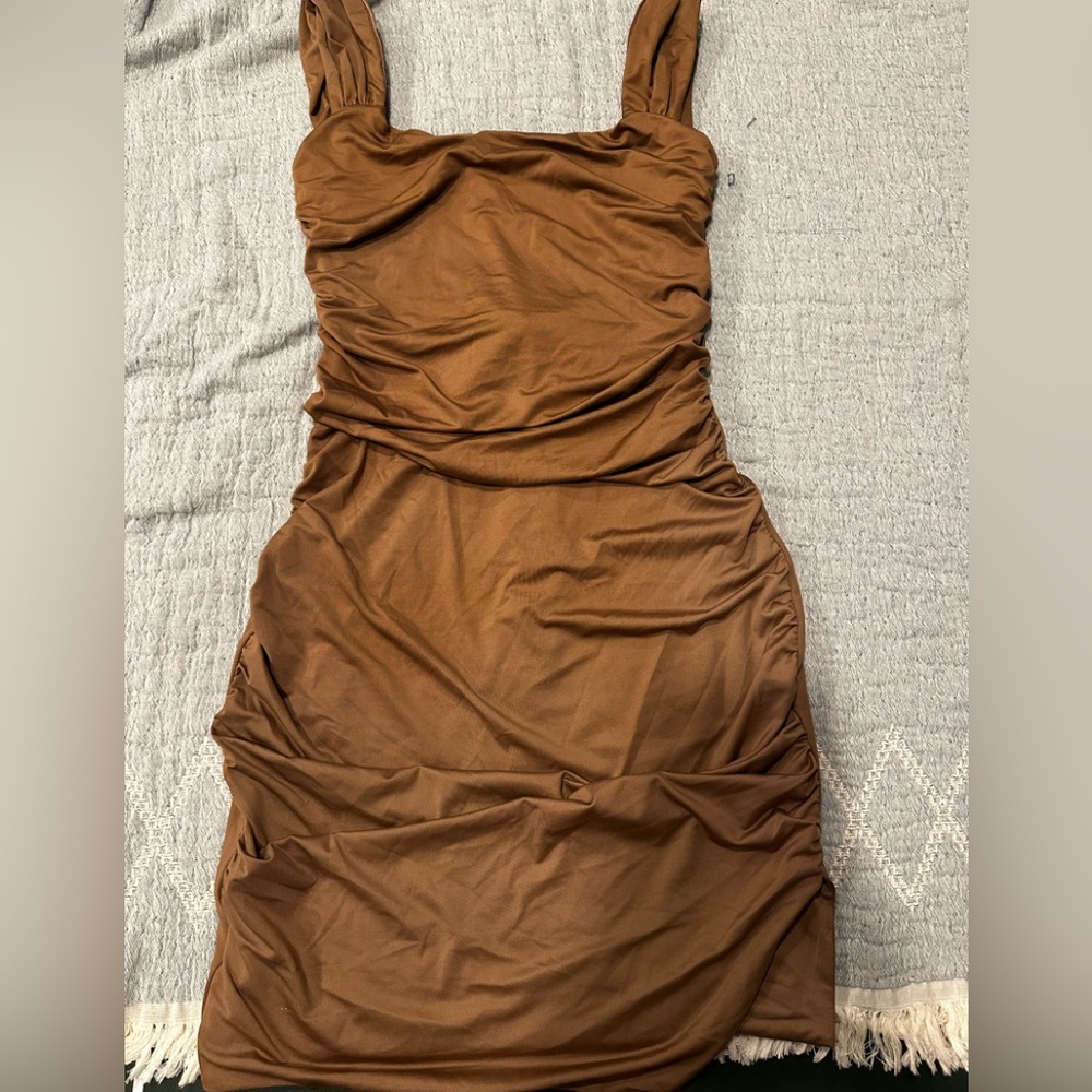 Brown Ruched Tie Back Mini Dress | Neutral Summer Dress
